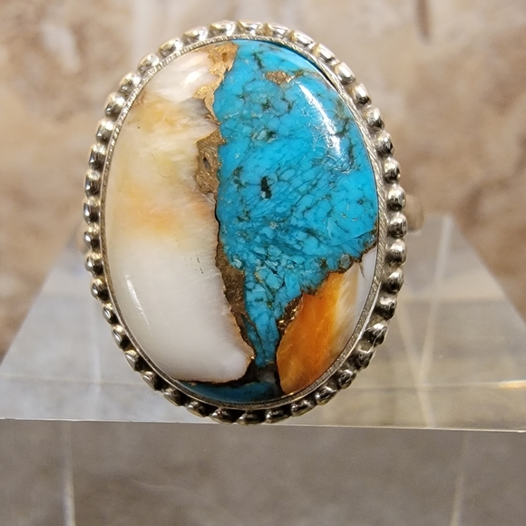 Vintage Jewelry - Native Mohave Mountain Oyster Copper Turquoise Stone Sterling Silver Ring 8 Boho